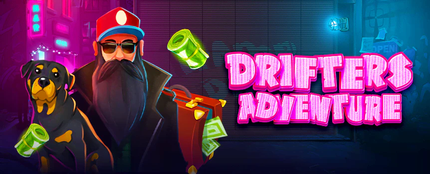 Hit the streets in the Drifters Adventure  online slot, here at Cafe Casino! Enjoy Refilling Reels, free spins, and win up to 5,000x your bet when you spin the reels!